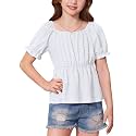BesserBay Girls Summer Shirts Square Neck Off Shoulder Puff Sleeve Ruffle Hem Casual Tops 6-14 Years