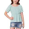 BesserBay Girls Summer Shirts Square Neck Off Shoulder Puff Sleeve Ruffle Hem Casual Tops 6-14 Years