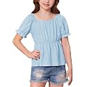 BesserBay Girls Summer Shirts Square Neck Off Shoulder Puff Sleeve Ruffle Hem Casual Tops 6-14 Years