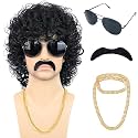 Bettecos 80s Short Black Curly Wig for Men with Mustache Glasses and Chain 70s Mullet Wig with Curl for Rocker Halloween Costume Cosplay