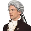 Bettecos Mens Judge Colonial Wig with Glasses Long Grey Powdered Wavy Wig Washington Costume Cosplay Halloween Party Wigs (Gray)