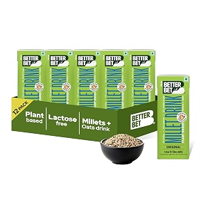 better bet vegan milk - milletsoats drink pack of 12  plant-based milk  no sugar  lactose free  preservative-free  ragi jowar amaranth  peta no1 vegan milk india 180ml - 21 l