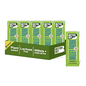 better bet vegan milk - millets  oats plant-based drink pack of 8  no1 vegan milk in india by peta  no added sugar lactose-free preservative-free calcium amp vitamin rich 180ml - 144l