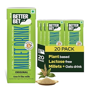 better bet vegan original millets oats drink 36l 20 x 180 ml  plant based  no added sugar  lactose free  no added preservatives  no cholesterol  no trans fat