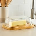 The Better Home Borosilicate Glass Butter Dish with Lid | Borsilicate Glass Container for Storage | Microwave Safe | Bamboo Butter Board | Container for Kitchen | Butter Tray (Light Brown)