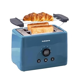 fumato 1000w 2 slice toaster- bun rack 6 heat modes automatic pop up removable crumb tray stainless steel extra wide slots heater defrost amp mid cycle cancel hi-lift amp 1 year warranty- blue
