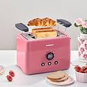 FUMATO 1000W 2 Slice Toaster- Bun Rack, 6 Heat Modes, Automatic Pop Up, Removable Crumb Tray, Stainless Steel, Extra Wide Slots, Heater, Defrost &amp; Mid Cycle Cancel, Hi-Lift &amp; 1 Year Warranty- Pink