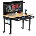 Betterhood 48" Heavy Duty Adjustable Workbench with Large Pegboard, Adjustable Work Table with Power Outlets &amp; Lockable Wheels, Rubber Wood Workstation for Garage, Workshop, Office, Home, Commercial