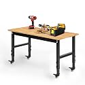 Betterhood 48" Heavy-Duty Adjustable Workbench for Garage, Rubber Wood Shop Table W/Metal Wheels, Hardwood Workstation Weight Capacity Over 2000 Lbs with Wheels