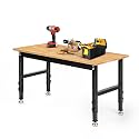 Betterhood 48" Heavy-Duty Adjustable Workbench for Garage, Rubber Wood Shop Table W/Rubber Pads, Hardwood Workstation Weight Capacity Over 2000 Lbs