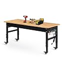 Betterhood 60" Adjustable Workbench on Wheels, Rubber Wood Heavy Duty Workstation with Power Outlets & Pegboard, 2000LBS Load Capacity Hardwood Worktable for Workshop, Garage, Office, Home, Commercial