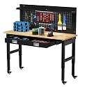 Betterhood 60" Heavy Duty Adjustable Workbench with Large Pegboard &amp; LED Light, Adjustable Work Table with Power Outlets &amp; Lockable Wheels, Rubber Wood Workstation for Garage, Workshop, Office, Home