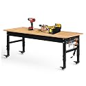 Betterhood 70" Adjustable Workbench on Wheels, 2000 LBS Heavy Duty Work Table with Power Outlets &amp; Pegboard, Rubber Wood Workstation for Garage, Workshop, Office, Home, Commercial