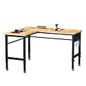 Betterhood Adjustable L-Shaped Workbench, Rubber Wood Top Heavy Duty Workstation with Power Outlets, 2000 LBS Load Capacity Hardwood Worktable for Workshop, Garage, Office, Home, Commercial