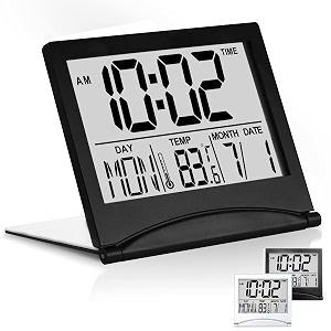 betus digital travel alarm clock - foldable calendar amp temperature amp timer lcd clock with snooze mode - large number display battery operated - compact desk clock for all ages black