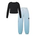 Betusline Girls Fall Winter Clothing Sets, Long Sleeve Crop Top &amp; Cargo Jogger Pants 2 Piece Outfit Sets,4T-14Y
