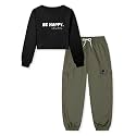 Betusline Girls Fall Winter Clothing Sets, Long Sleeve Crop Top &amp; Cargo Jogger Pants 2 Piece Outfit Sets,4T-14Y
