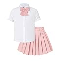 Betusline Girls JK Uniform Outfit, Shirt with Bow &amp; Pleated Skirt,4T-16Y