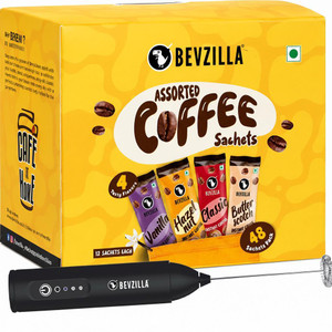 bevzilla instant coffee powder - 48 sachets with electric frother 12 sachet each flavour instant coffee 48 x 2 g vanilla hazelnut unflavoured butterscotch flavoured