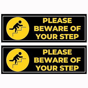 beware of your step sign sticker 205 x 7 cm  peel amp stick safety sign board with 4 corner holes  waterproof indoor outdoor use  pack of 2 beware of your step small - 205 x 7 cm