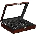 BEWISHOME Sunglasses Organizer, Glasses Organizer, 8-Slot Sunglasses Case for Men, Eyeglasses Storage Box with Clear Glass Top, Smooth PU Leather Interior, Brown SSH25Y