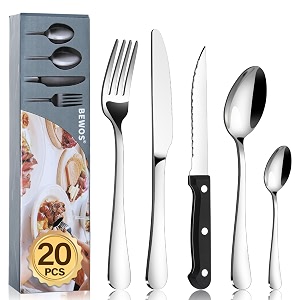 bewos 16-piece cutlery set with 4 triple riveted steak knives stainless steel silverware tableware set for kitchen mirror polished knives forks and spoons cutlery set for 4