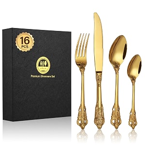 bewos 16-piece gold palace cutlery set premium stainless steel cutlery embossed design handles family and banquet knife and fork sets beautifully polished and gift wrapping dishwasher safe