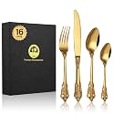 BEWOS 16-Piece Gold Palace Cutlery Set, Premium Stainless Steel Cutlery, Embossed Design Handles, Family and Banquet Knife and Fork Sets, Beautifully Polished and Gift Wrapping, Dishwasher Safe
