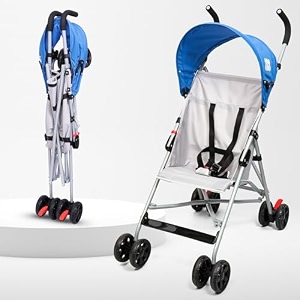beybee travel-friendly compact baby stroller pram for newborn babywith 5 point safety harness adjustable seat recline with canopyeasy foldable and carry kids age 0-2 years 15kg capacity blue