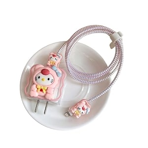 cable protector with 3d cute pattern for iphone charger only 18w amp 20w data line wire saver charging cable charger protective cablefull protection cover pink-cat