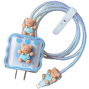 cable protector with 3d cute pattern for iphone charger only 18w amp 20w data line wire saver charging cable charger protective cablefull protection cover blue-teddy