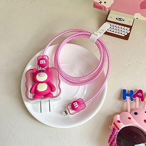 cable protector with 3d cute pattern for iphone charger only 18w amp 20w data line wire saver charging cable charger protective cablefull protection cover pink-bear