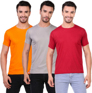 bhadawae creations pack of 3 men solid round neck polyester orange grey maroon t-shirt