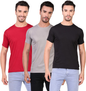 bhadawae creations pack of 3 men solid round neck polyester maroon grey black t-shirt