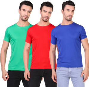 bhadawae creations pack of 3 men solid round neck polyester green red blue t-shirt