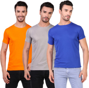 bhadawae creations pack of 3 men solid round neck polyester orange grey blue t-shirt