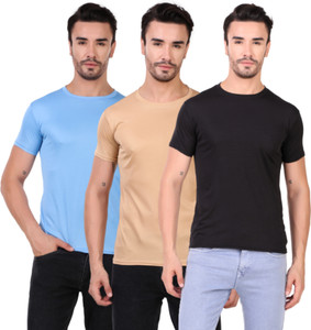 bhadawae creations pack of 3 men solid round neck polyester light blue beige black t-shirt