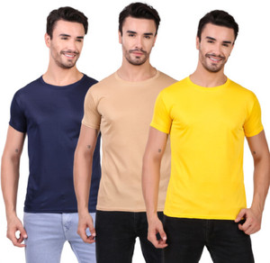 bhadawae creations pack of 3 men solid round neck polyester navy blue beige yellow t-shirt