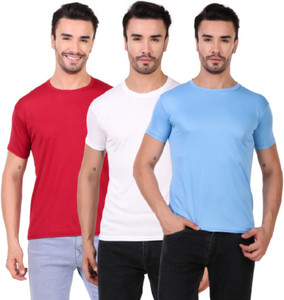 bhadawae creations pack of 3 men solid round neck polyester maroon white light blue t-shirt