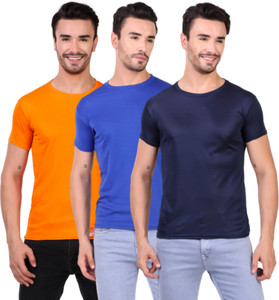 bhadawae creations pack of 3 men solid round neck polyester orange blue navy blue t-shirt