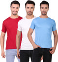BHADAWAE CREATIONS Pack of 3 Men Solid Round Neck Polyester Maroon, White, Light Blue T-Shirt