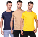 BHADAWAE CREATIONS Pack of 3 Men Solid Round Neck Polyester Navy Blue, Beige, Yellow T-Shirt