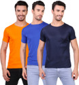 BHADAWAE CREATIONS Pack of 3 Men Solid Round Neck Polyester Orange, Blue, Navy Blue T-Shirt