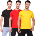 BHADAWAE CREATIONS Pack of 3 Men Solid Round Neck Polyester Black, Red, Yellow T-Shirt