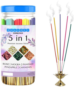 bhagdev incense sticks - agarbatti combo of 5 fragrances mogra rose chandan pineapple pandadi 400grm 250 sticks 250 units set of 1