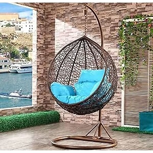rattan furniture single seater swing chair hammock with stand amp cushion brown amp blue max 125kg