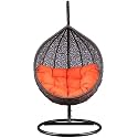 Rattan Furniture Single Seater Swing Chair With Stand &amp; Cushion &amp; Hook Outdoor || Indoor || Balcony || Garden || Living (Orange Cushion)