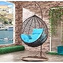 Rattan Furniture Single Seater Swing Chair Hammock With Stand &amp; Cushion, Brown &amp; Blue, Max 125kg
