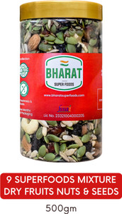 bharat super foods premium dry fruits nuts  seeds mix super healthy mix 9 in 1 - 100 natural 500gm jar pack assorted seeds  nuts 1 x 500 g