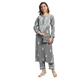 BHARVITA Womens Cotton Blend Lucknowi Embroidered Chikankari